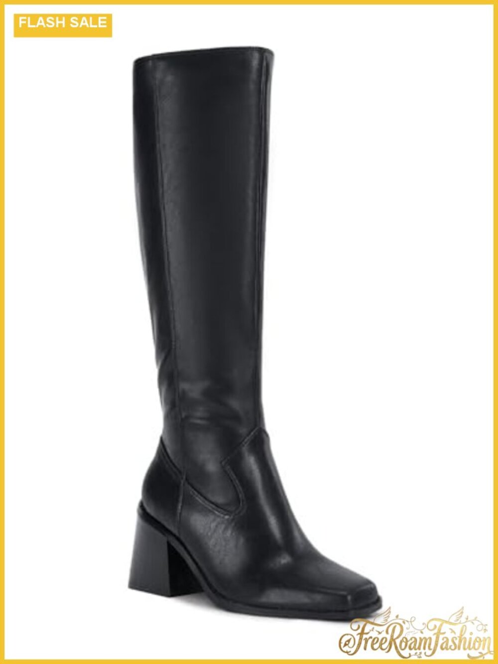 Women's Knee High Boots Wide Calf Faux Leather Chunky Block Heel Pull-On